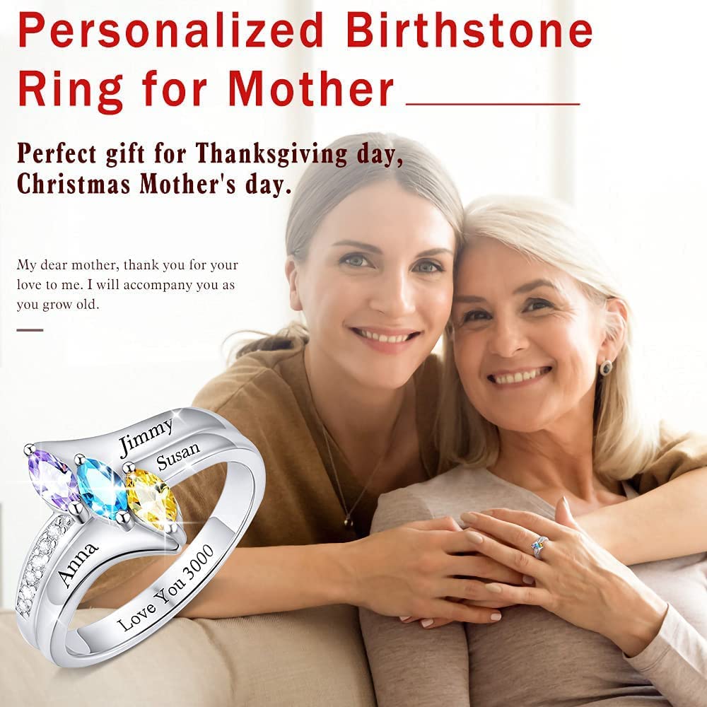 Custom Personalized Mother's Day Rings for Mom, Daughter & Grandmother - 3 Birthstones Engraved Name Jewelry for Women - Perfect Gift for BFF Friendship, Anniversary & Special Occasions | Ideal for Mother's Day, Birthday & Valentine's Day Gifts
