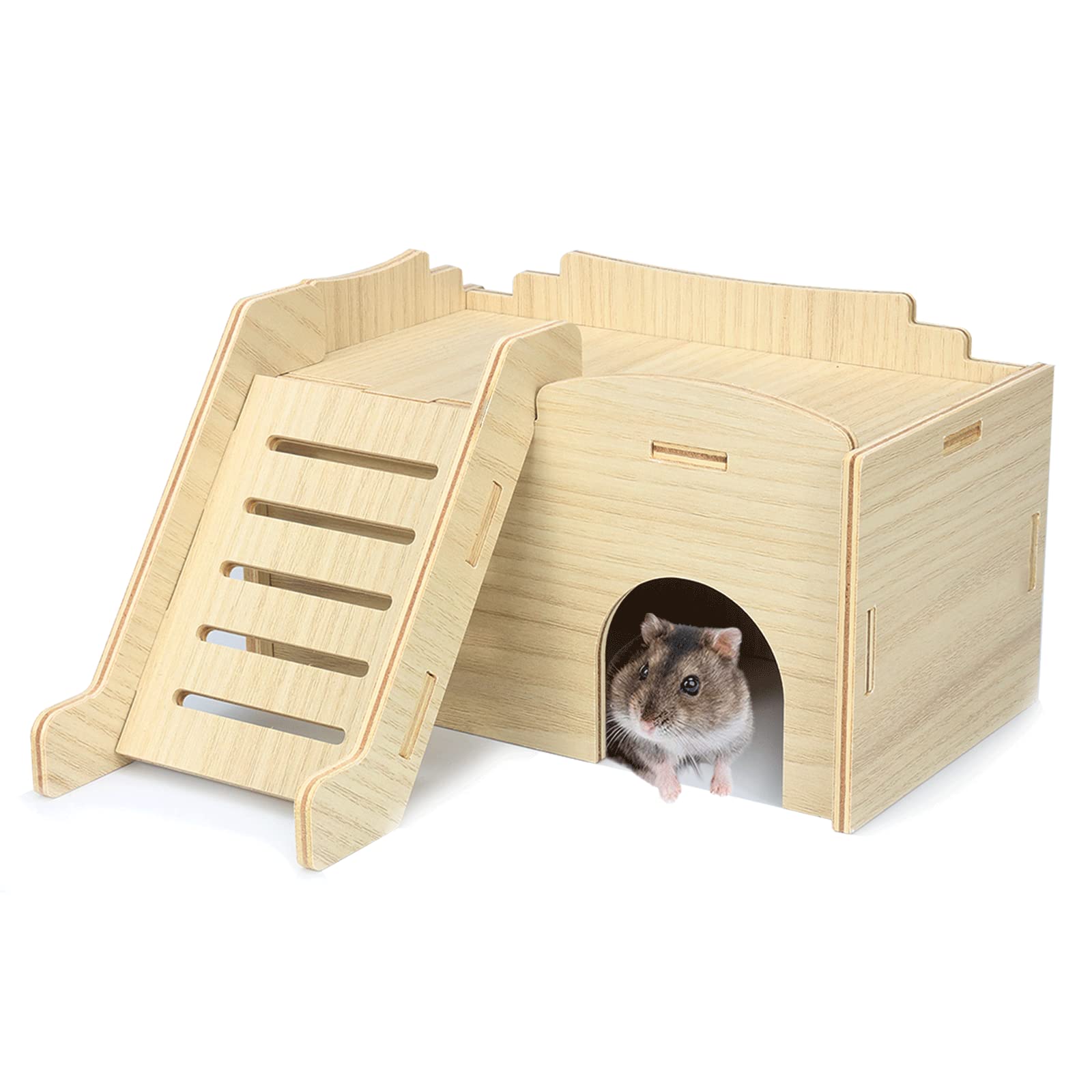 **Wooden Hamster Hideout House for Syrian & Dwarf Hamsters - Detachable Hut with Climbing Ladder & Window - Chew Toy & Playhouse for Gerbils & Small Pets - Perfect for Cage Enrichment & Stress Relief**