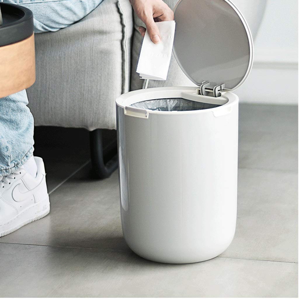 Round Portable Trash Can with Lid - Plastic Waste Bin for Bathroom, Kitchen, Bedroom & Living Room - Removable Garbage Basket for Easy Cleaning - Ideal for Home, Office & Waste Sorting (White)
