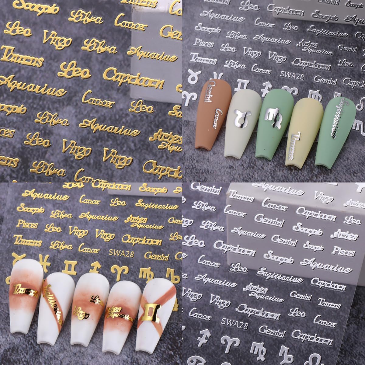 3D Zodiac Nail Stickers - 12 Constellation Nail Art Decals (Gold, Silver, Pink) for Women | Self-Adhesive Nail Design for Acrylic Tips & Manicures | Perfect for Parties, Weddings & Daily Nail Art
