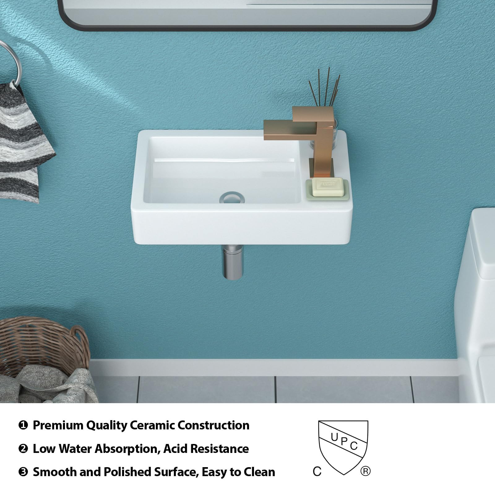 Funmier 18x10 Inch White Ceramic Wall Mount Floating Vessel Sink - Rectangle Bathroom Corner Sink with Right-Hand Drain - Perfect for Small Bathrooms, Powder Rooms & Modern Vanity Installations