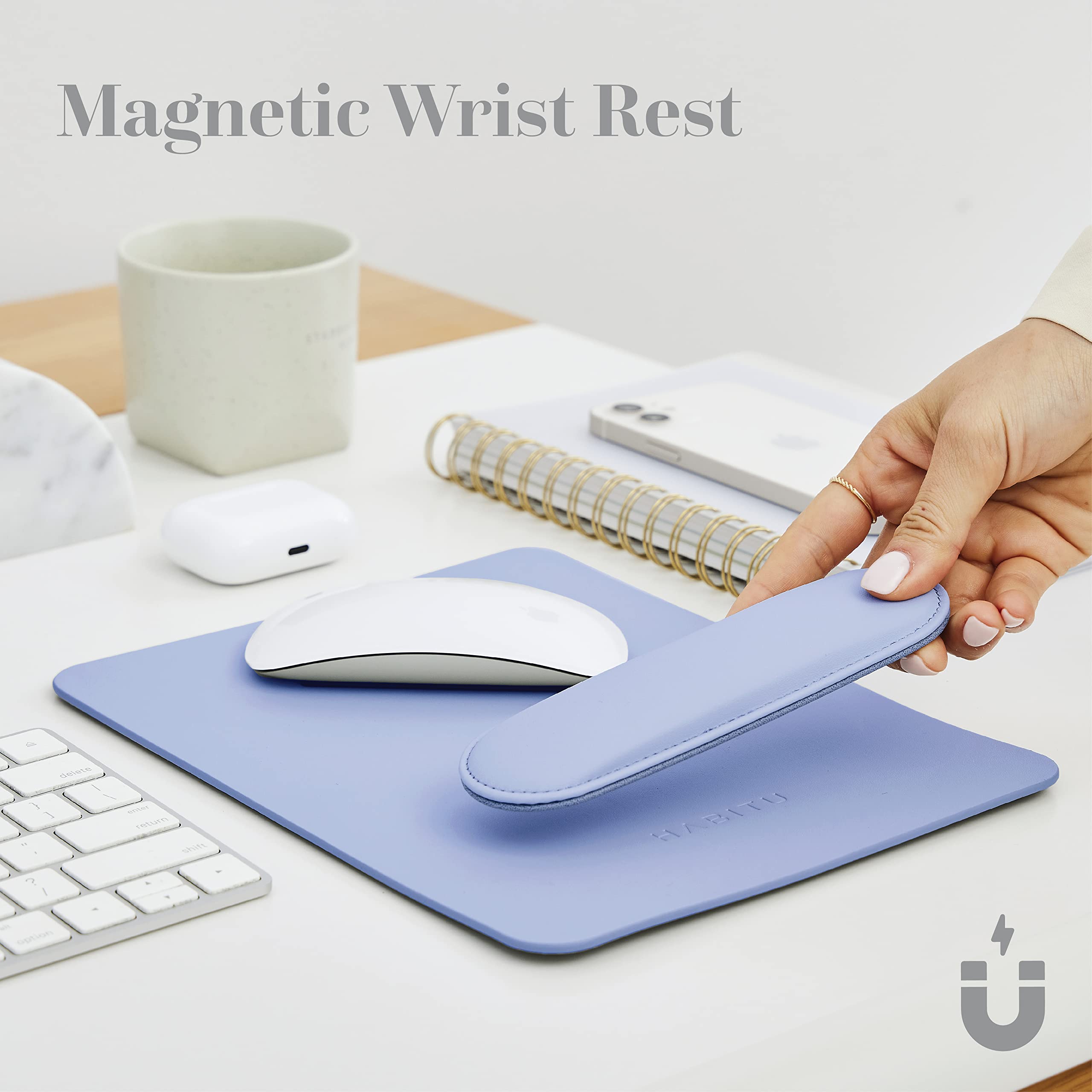Vegan Leather Mouse Pad with Magnetic Wrist Rest - Hazy Blue Ergonomic Desk Mat with Anti-Slip Base for Office & Gaming | Comfortable Computer Accessory for Men & Women | Perfect for Workstations, Home Offices & PC Setups