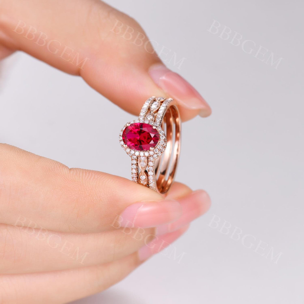 Rose Gold Diamond Halo Lab Ruby Engagement Ring Set With Euro Open Shank Double Band - Elegant Wedding Jewelry for Brides, Anniversary Gifts & Romantic Proposals