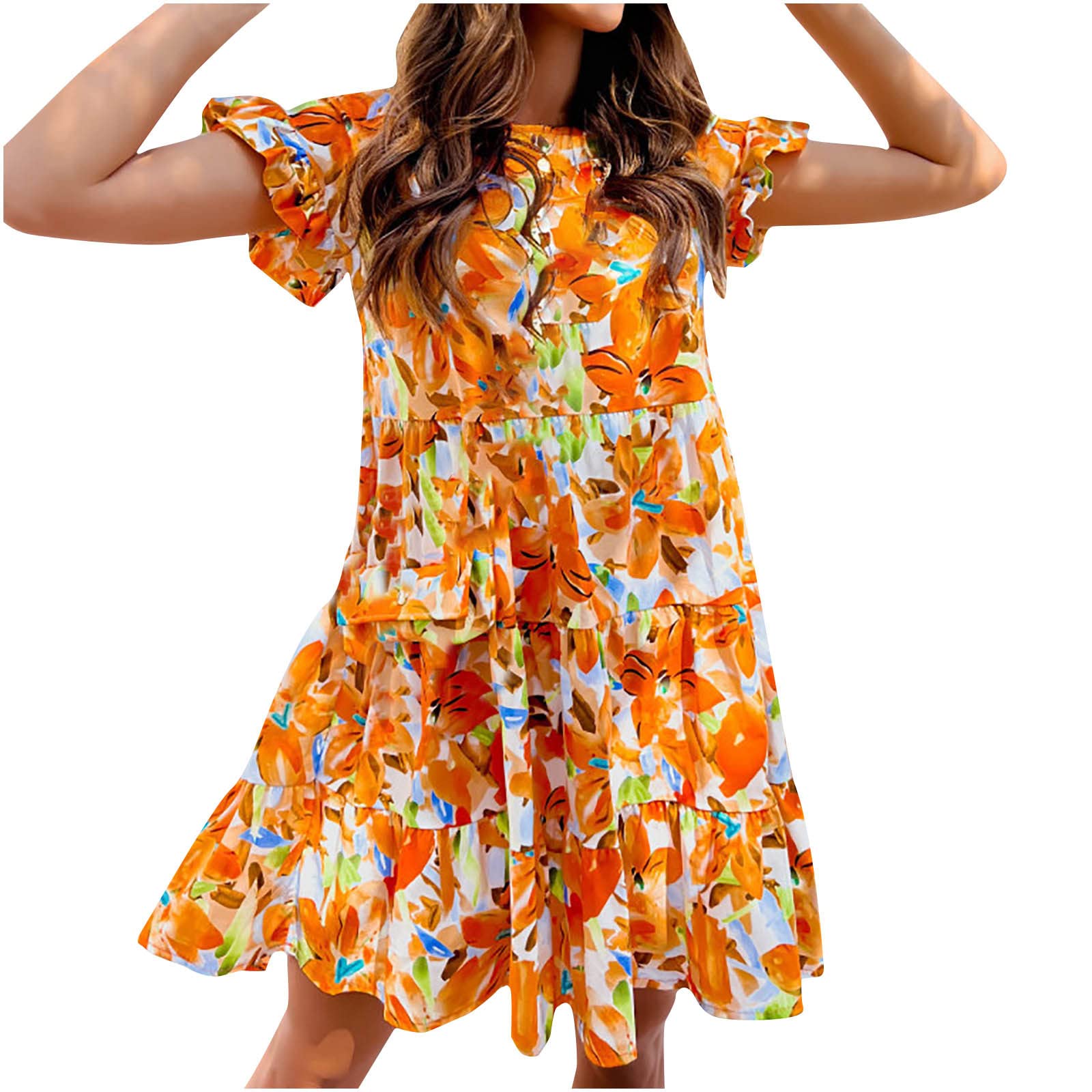 Trendy Women's Ruffle Cap Sleeve Crewneck Graphic Tiered Flowy Midi Dress - Perfect for Summer, Beach Vacations & Casual Outings