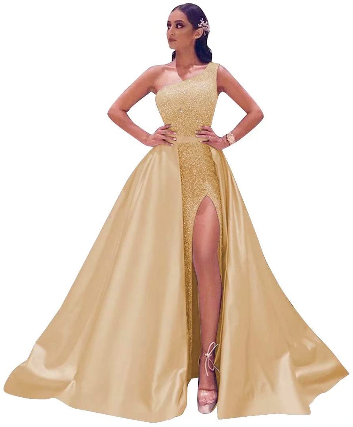 Dymaisei Women's One Shoulder Prom Dresses 2022 | Sparkly Sequins Evening Gown with High Slit | Formal Party Dress for Homecoming, Prom Night & Special Occasions