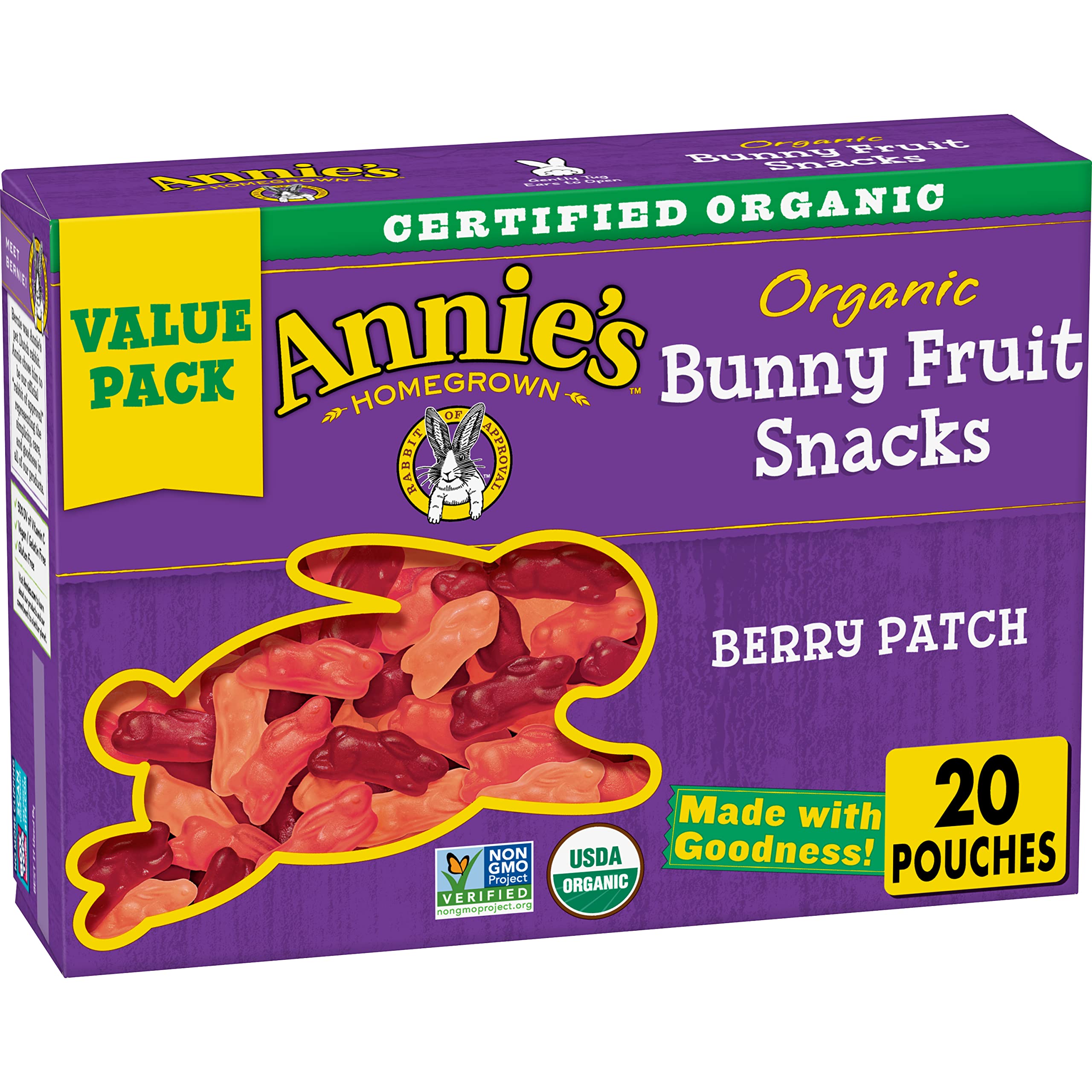 Annie's Organic Berry Patch Bunny Fruit Snacks - Gluten Free, Non-GMO, 16oz (20 Count) - Healthy Kids Snack for Lunch Box, School, Travel & On-the-Go