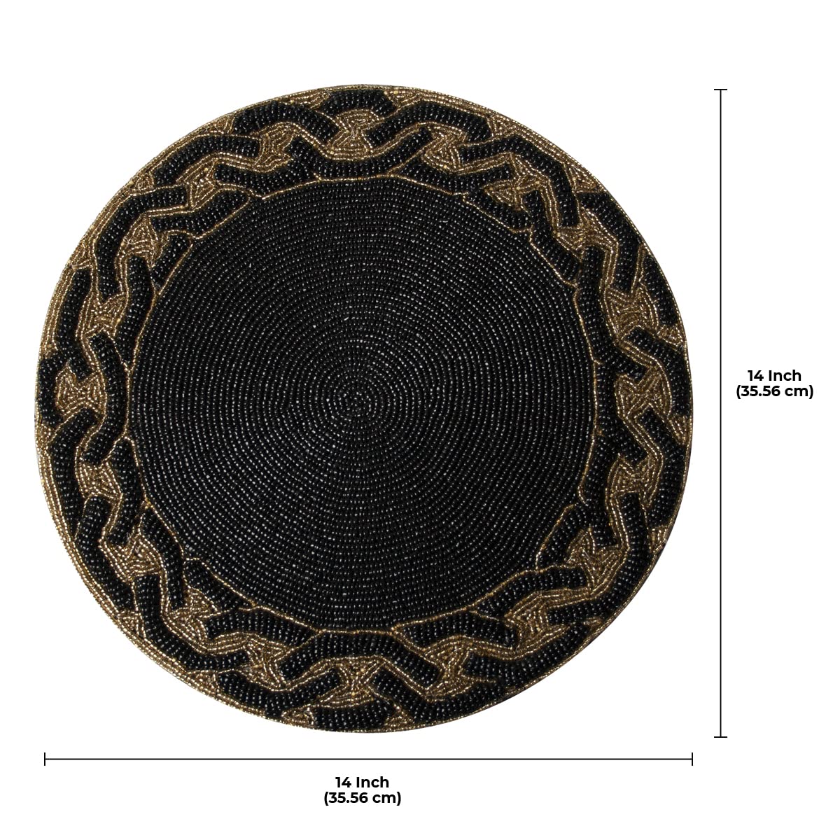 Decozen 14-Inch Round Beaded Placemats Set of 2 - Heat Resistant Charger Plates for Dining Table Decor, Valentine's Day, Weddings, Kitchen & Office - Black Gold Home Decor for Elegant Dinner Parties & Holiday Gatherings
