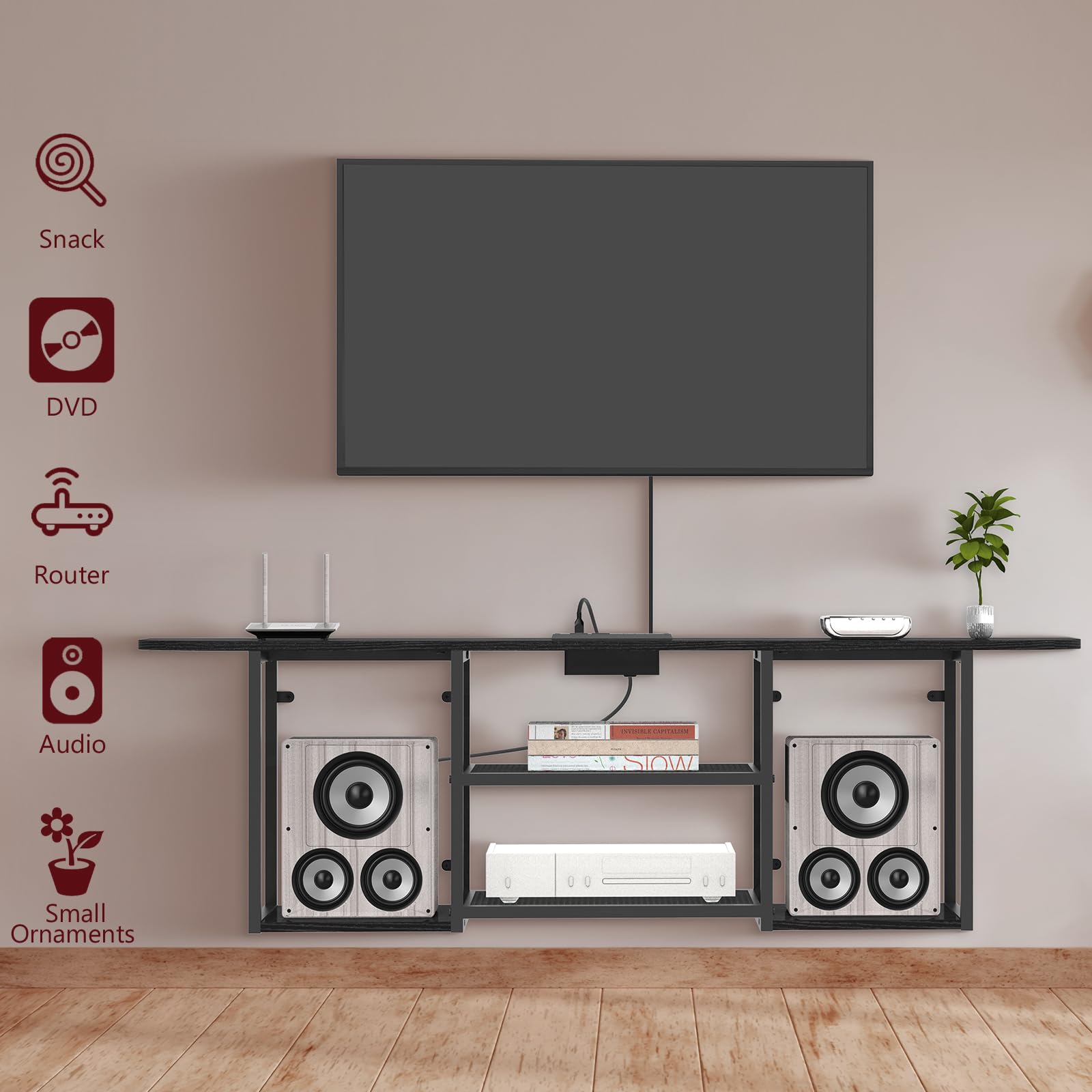 Floating TV Stand with Power Outlet for 50-60 Inch TVs - Wall Mounted Media Console with Open Storage Shelves - Modern Entertainment Center for Living Room & Bedroom (Black) - Perfect for Small Spaces & Home Theater Setup