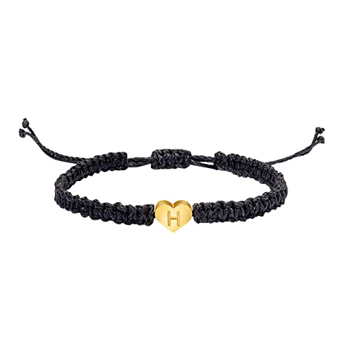 Personalized 26 Initial Bracelet - 18K Gold Plated Letter Woven Bracelet with Dainty Heart Charm - Adjustable Woven Bracelet for Men, Women & Girls - Perfect Gift for Anniversary, Birthday & Valentine's Day (H, One Size)