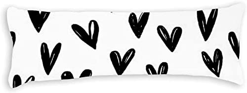 Cute Black and White Doodle Hearts Body Pillow Cover - 20x54 Inch Hidden Zipper Closure Double Sided Pillowcase for Sofa, Bed, and Home Decor