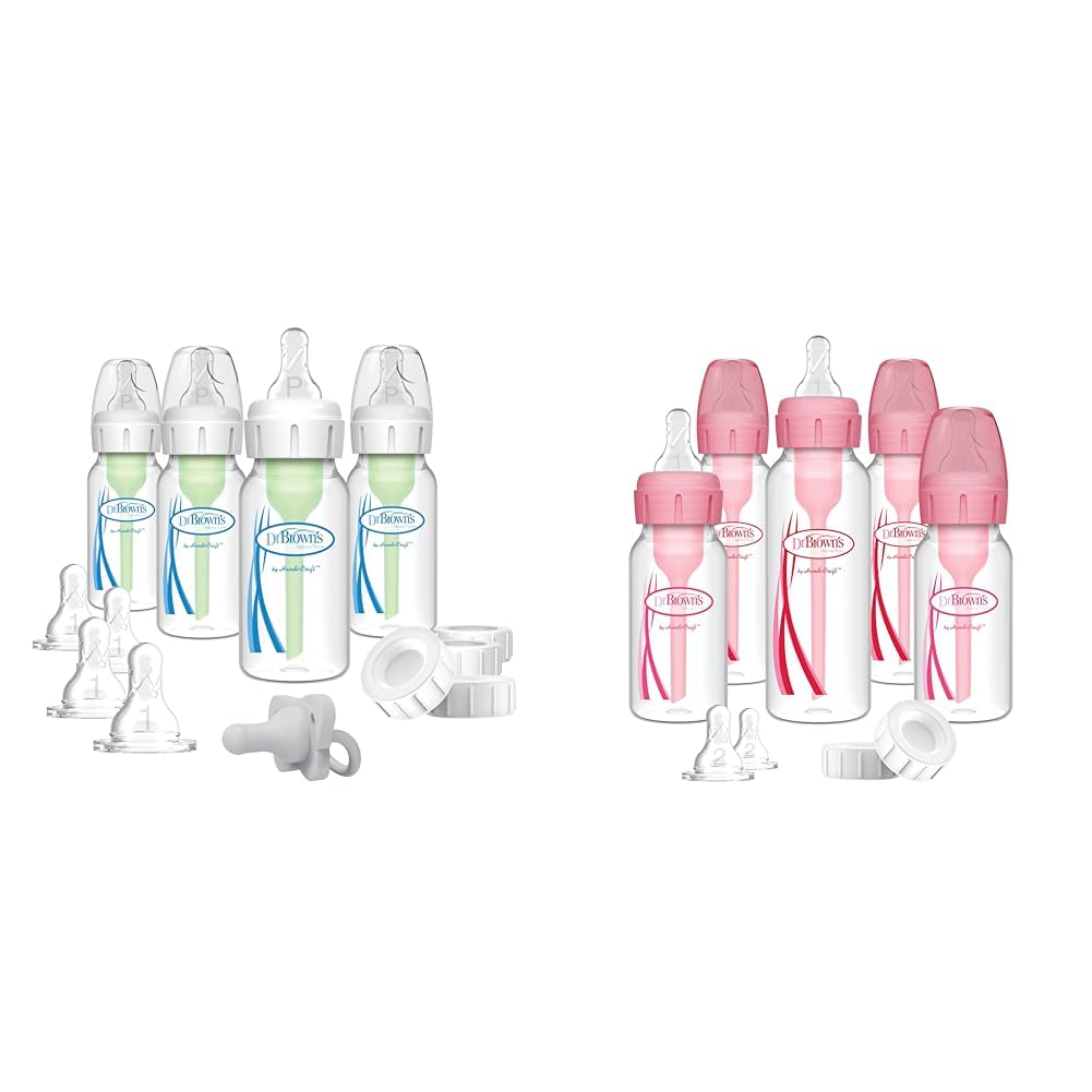 Dr. Brown's Options+ Anti-Colic Baby Bottle Set - 4oz Slow Flow Newborn Bottles with HappyPaci & Natural Flow Nipples - Pink Gift Set for Breastfed Babies | Perfect for Feeding, Travel & Reducing Colic