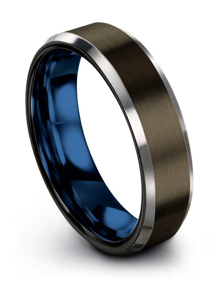 Tungsten Carbide Wedding Band Ring for Men & Women - 6mm Blue Black Gunmetal with Beveled Edge, Brushed & Polished Finish, Custom Engraving - Perfect for Anniversary, Engagement & Everyday Wear