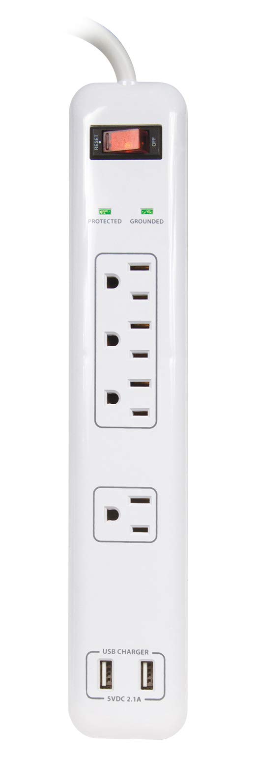 Prime Wire & Cable PB505104 4-Outlet Surge Protector with USB Charger - 14/3 SJT 4-Foot Power Strip, White - Perfect for Home Office, Dorm Room & Travel Electronics Protection