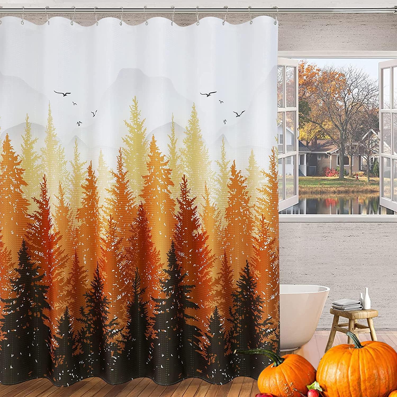 Waterproof Forest Tree Shower Curtain 72x72 Inch - Nature Inspired Bathroom Decor for Home & Hotel Use, Autumn Yellow Fall Theme - Perfect for Rustic, Cabin or Nature-Themed Bathrooms