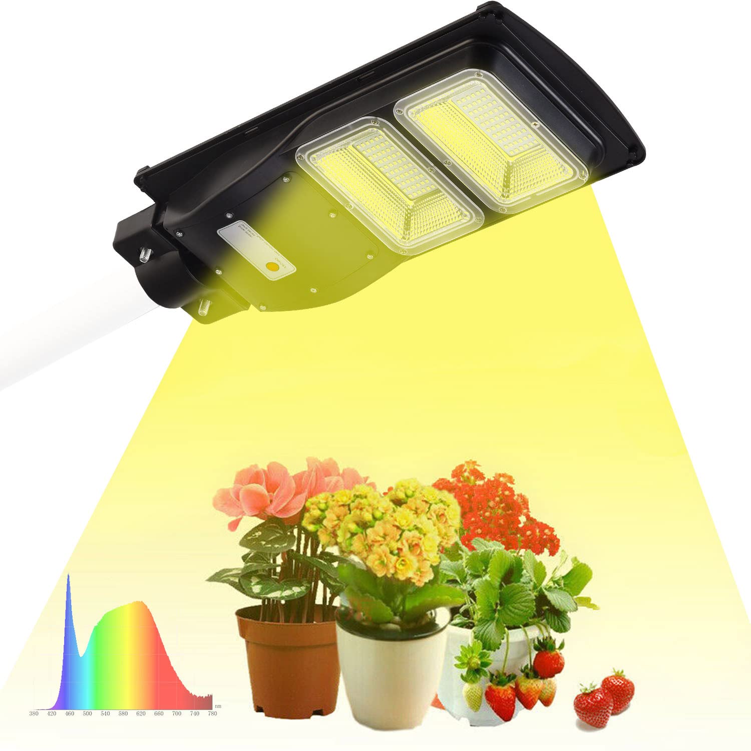 BSOD Solar Grow Lights for Outdoor Plants - Full Spectrum LED Greenhouse Lamp with Timer, Auto Remote, Wireless & Waterproof - 2-in-1 Motion Sensor Street & Plant Light for Gardens, Greenhouses & Pathways