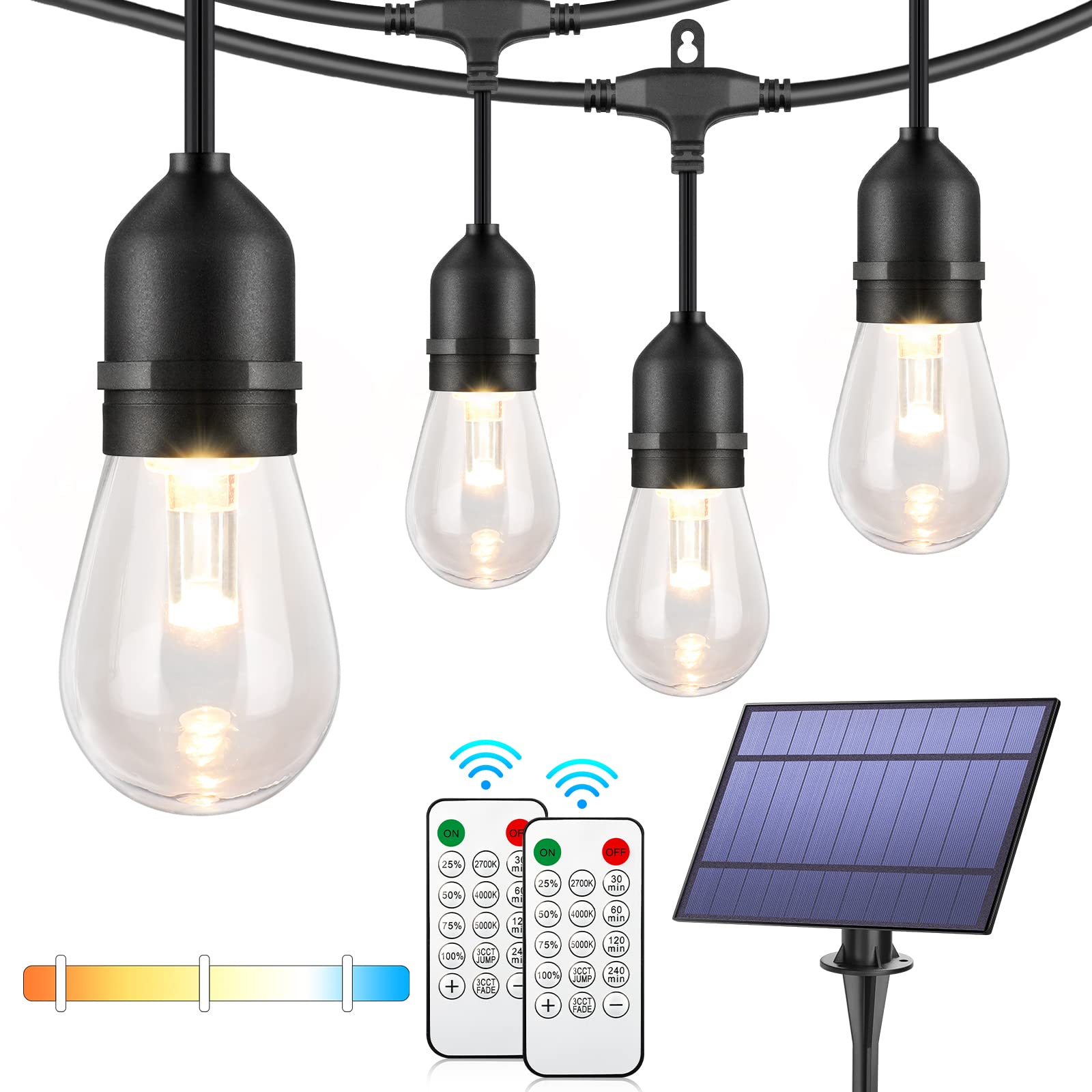 48ft Solar String Lights Outdoor - 3 Colors in 1, Dimmable LED Patio Lights with Remote, 15 Hanging Sockets, Waterproof & Shatterproof (Warm White/Daylight White) - Perfect for Backyard, Garden, Patio, Wedding & Party Decorations
