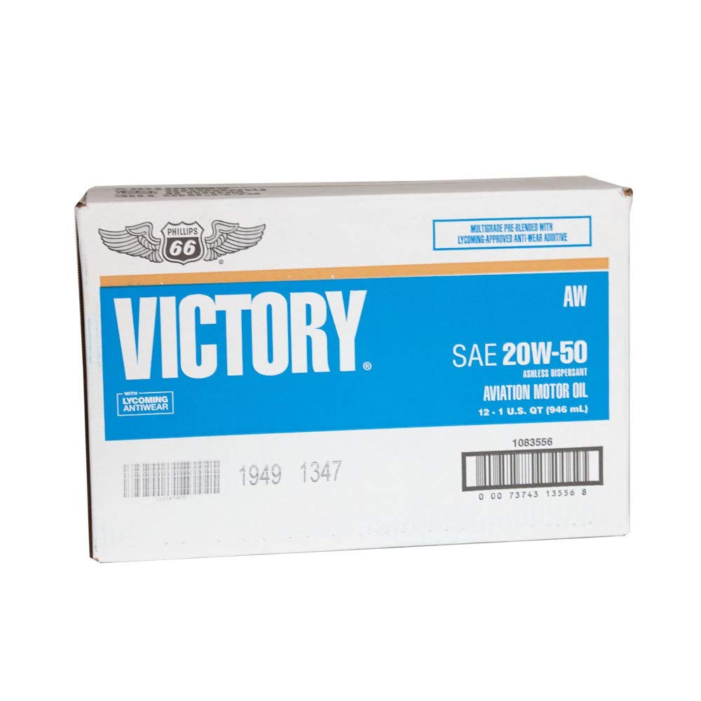 Phillips 66 Victory AW 20W50 Aviation Engine Oil - 12 Quart Case (12qts) - Premium Aircraft Lubricant for Piston Engine Planes & Helicopters - Ideal for High-Temperature Aviation Use