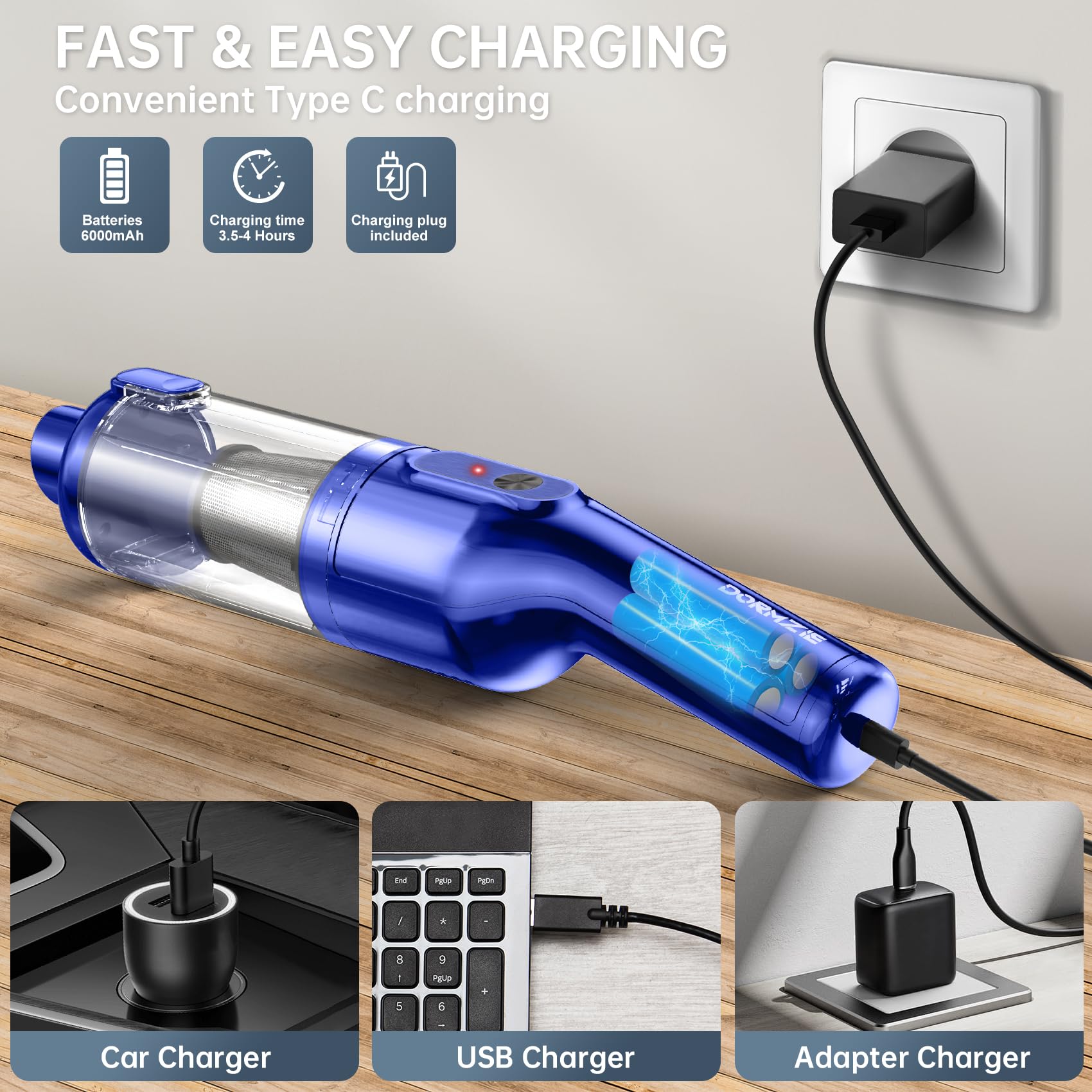 Cordless Handheld Vacuum Cleaner - 16000Pa Powerful Suction, Lightweight 1.3lbs, Rechargeable for Home, Office, Car & Pet Hair - Brushless Motor with Multi-Accessories - Perfect for Quick Cleanups & Tight Spaces