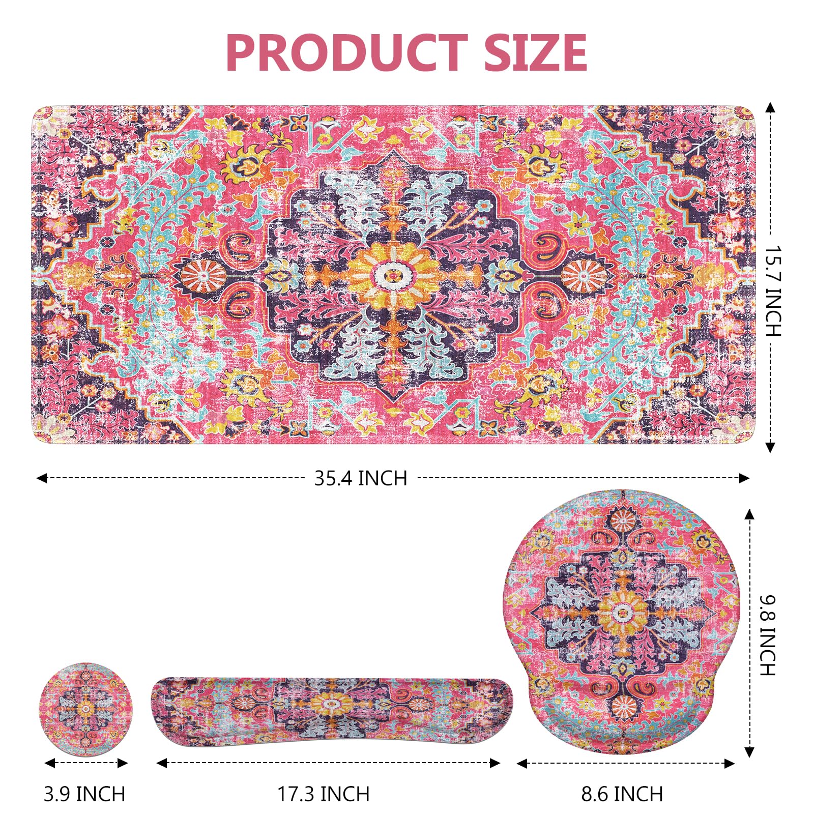 iLeadon 4-in-1 Boho Mouse Pad Set with Wrist Rest - Large Desk Mat, Keyboard Pad & Coaster - Ergonomic Computer Accessories for Home Office - Fuchsia Rug Design (Perfect for Workstations, Gaming & Productivity)