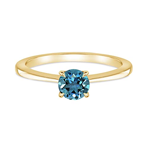 14K Gold Plated 925 Sterling Silver Round Cut London Blue Topaz Solitaire Engagement Ring for Women - Elegant Wedding, Anniversary & Promise Ring Gift