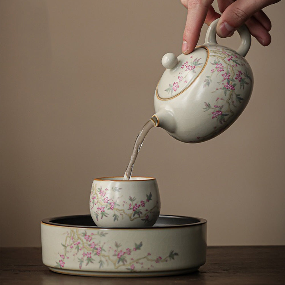 Exquisite Chinese Ruyao Peach Blossom Porcelain Tea Set - Handcrafted Ceramic Teapot & Cups - Perfect for Home Tea Ceremony, Gift & Zen Decor