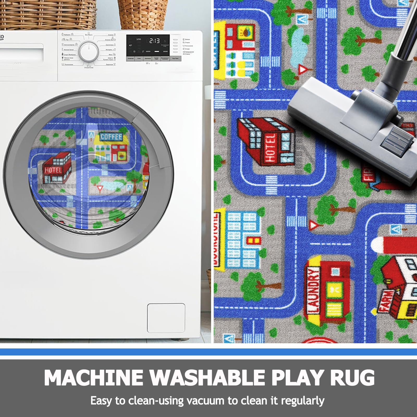 Non-Slip Washable Blue City Map Road Playmat for Kids - 5'x2.7' Carpet Rug for Toddler Playroom, Nursery & Bedroom Decor - Perfect for Pretend Play, Learning Traffic Rules & Safe Floor Activities