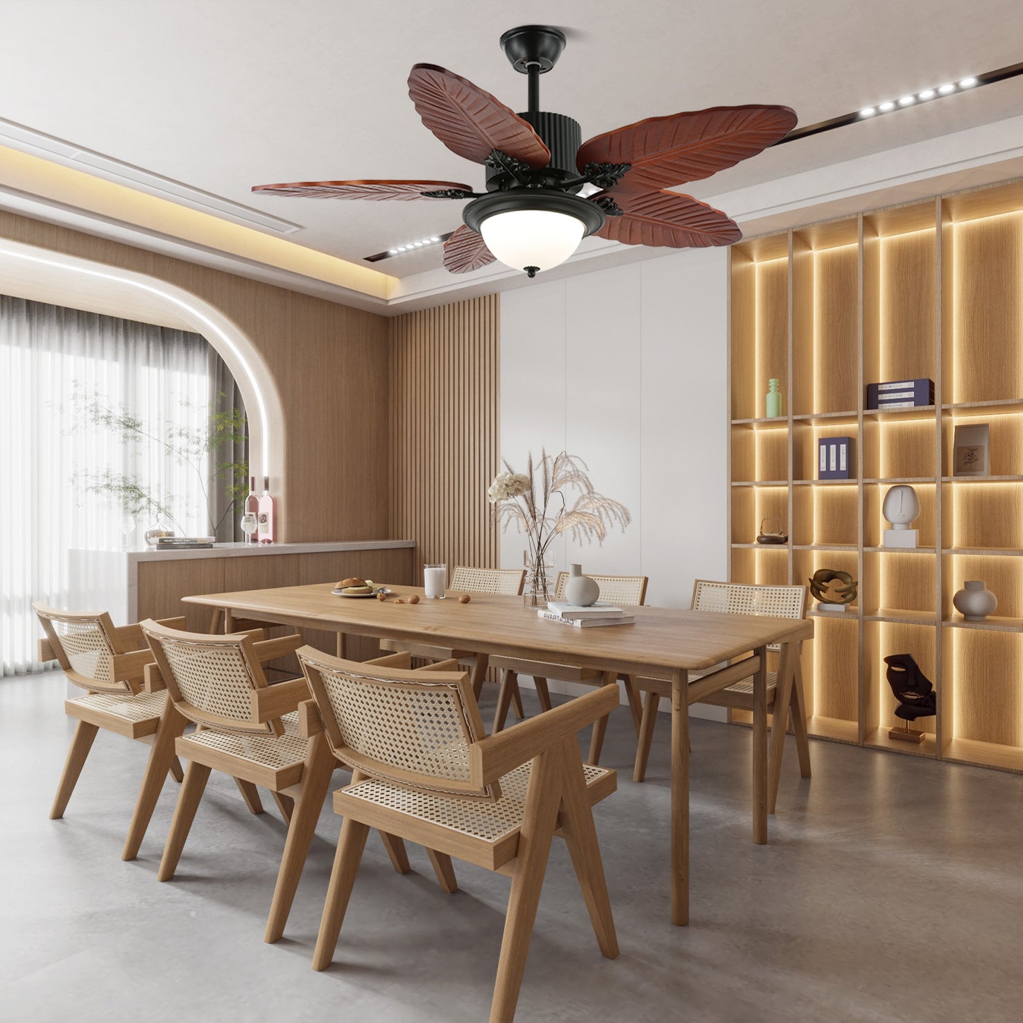 Banana Wood Leaf Ceiling Fan with Light - Tropical Style Home Decor for Living Room, Bedroom, and Patio