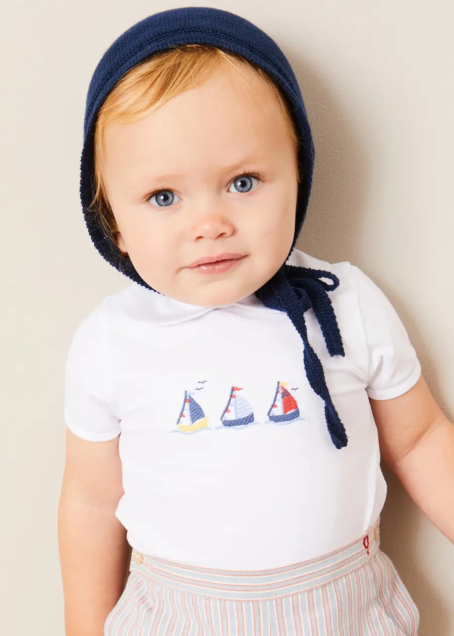 Embroidered Boat Motif Peter Pan Collar Baby Bodysuit - White (1 Month to 3 Years) | Adorable Outfit for Newborns, Infants & Toddlers - Perfect for Family Photos, Parties & Everyday Wear