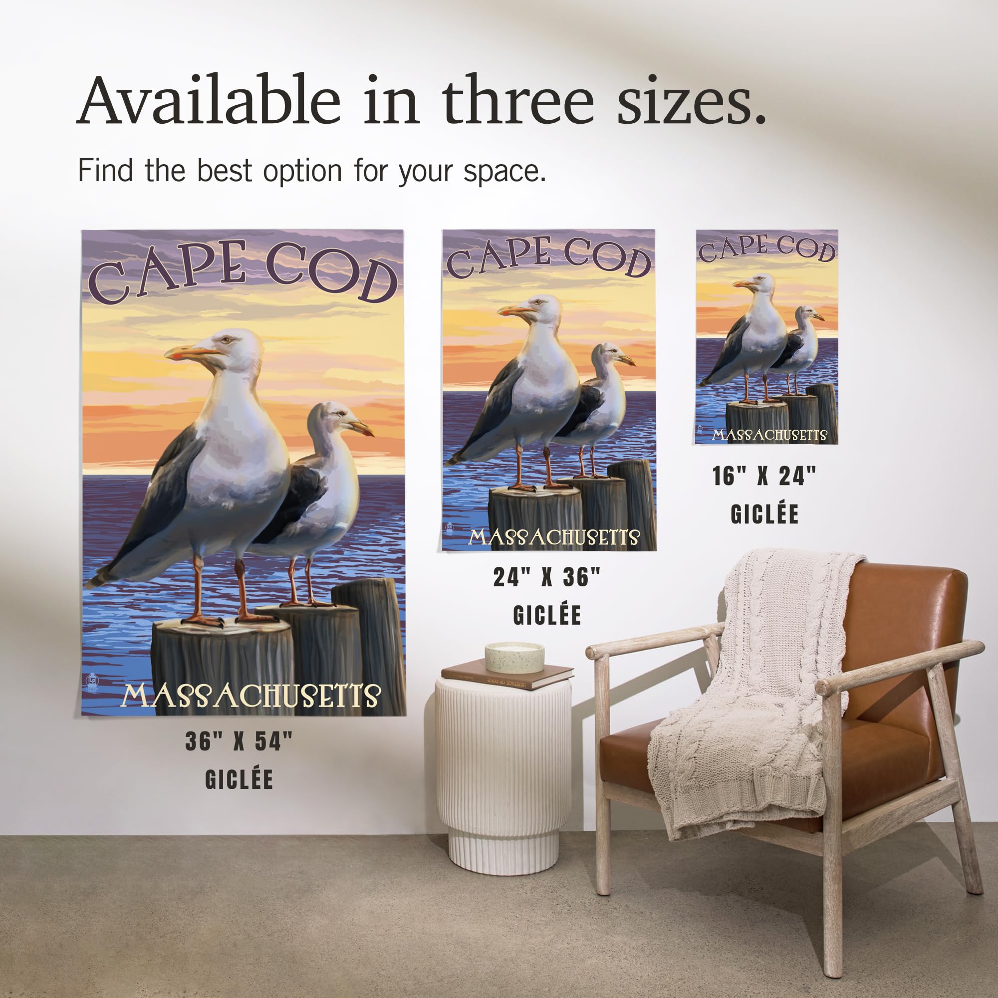Lantern Press 16x24 Inch Giclee Art Print - Cape Cod Massachusetts Coastal Seagulls Wall Decor | Perfect for Beach House, Living Room & Office Wall Art