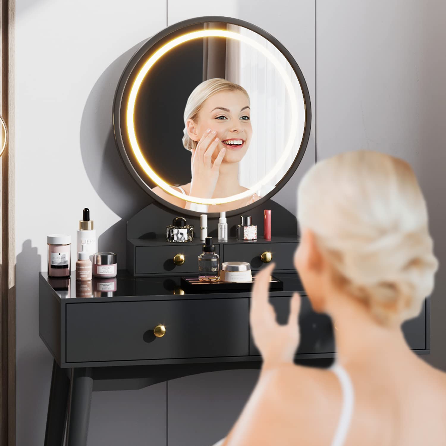 Furmax Modern Vanity Desk with LED Lighted Mirror, Makeup Vanity Table Set with Soft Cushioned Stool & 4 Storage Drawers - Adjustable Brightness, 3 Color Options (Black) | Perfect for Bedroom, Dressing Room & Home Beauty Station