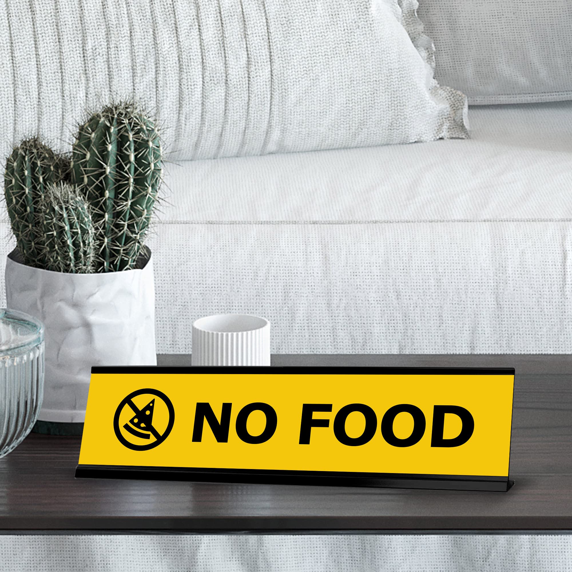 Yellow and Black Frame No Food Sign (2x8 Inch) - Durable Desk Sign for Office, Restaurant, or Classroom Use