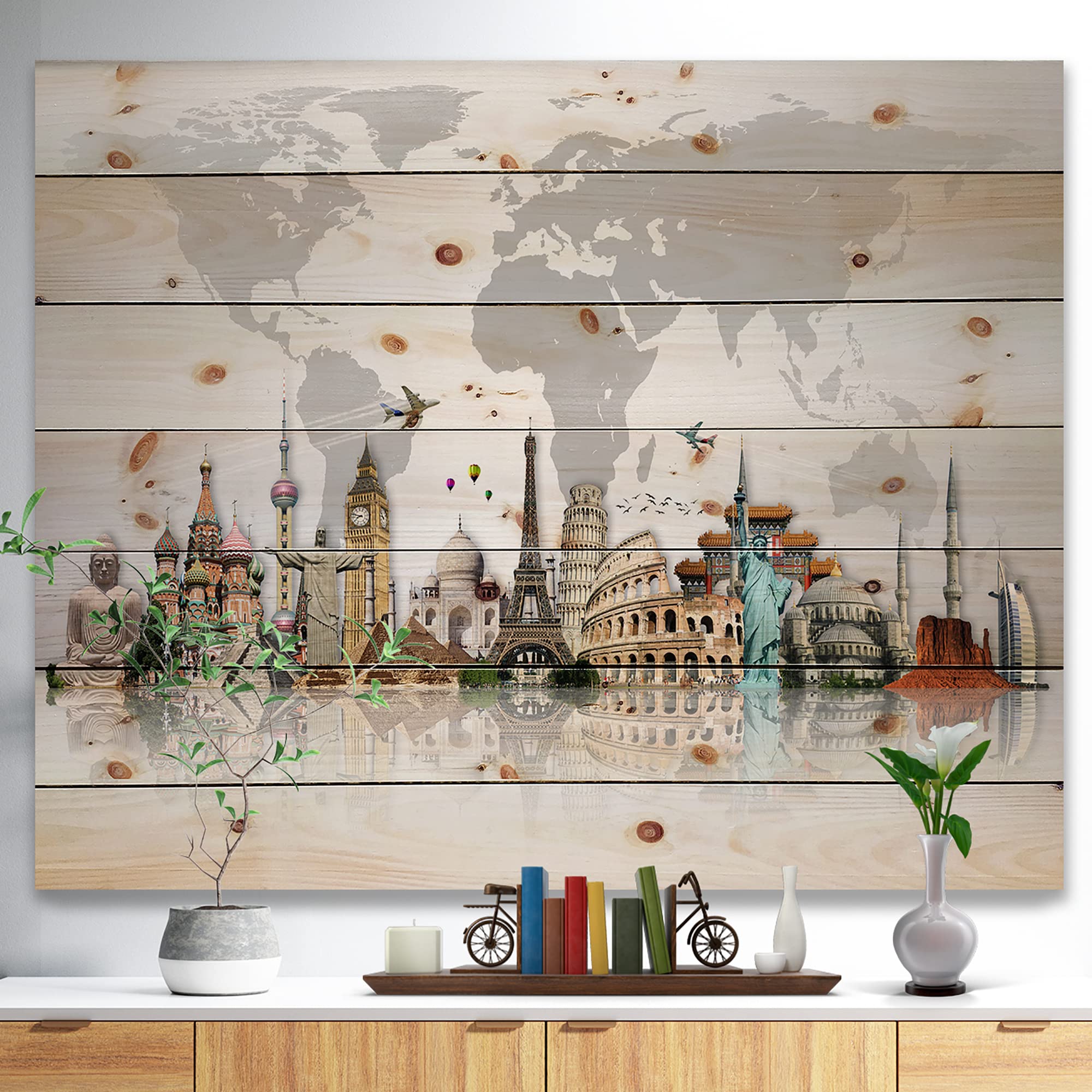 DesignQ Famous Monuments World Map Wood Wall Art - Industrial Grey Wooden Wall Decor with Architecture Prints on Natural Pine - Perfect for Living Room, Office & Home Decor