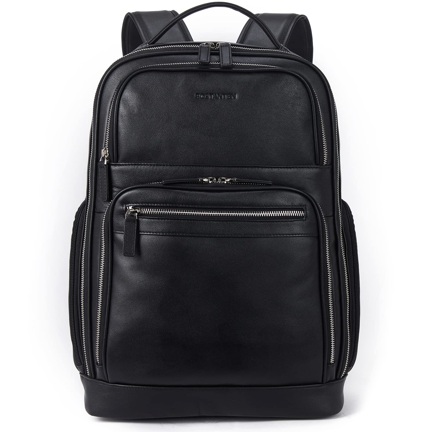 BOSTANTEN Genuine Leather Backpack for Men - 15.6 Inch Laptop Backpack with USB Charging Port - Waterproof College Travel Backpack for Work, School & Business - Black