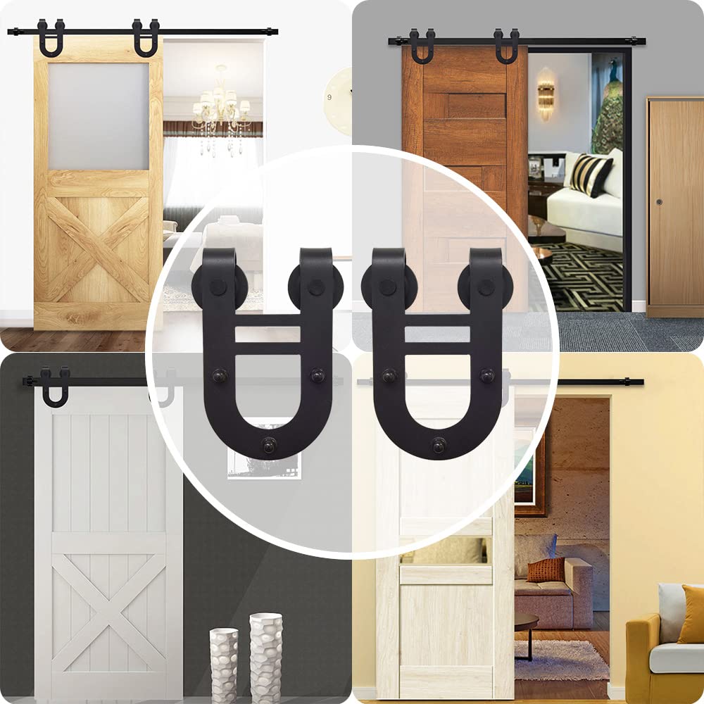 12.6FT Heavy Duty Sliding Barn Door Hardware Kit - Rustic Horseshoe Hanger Roller Track System for Single 75.6