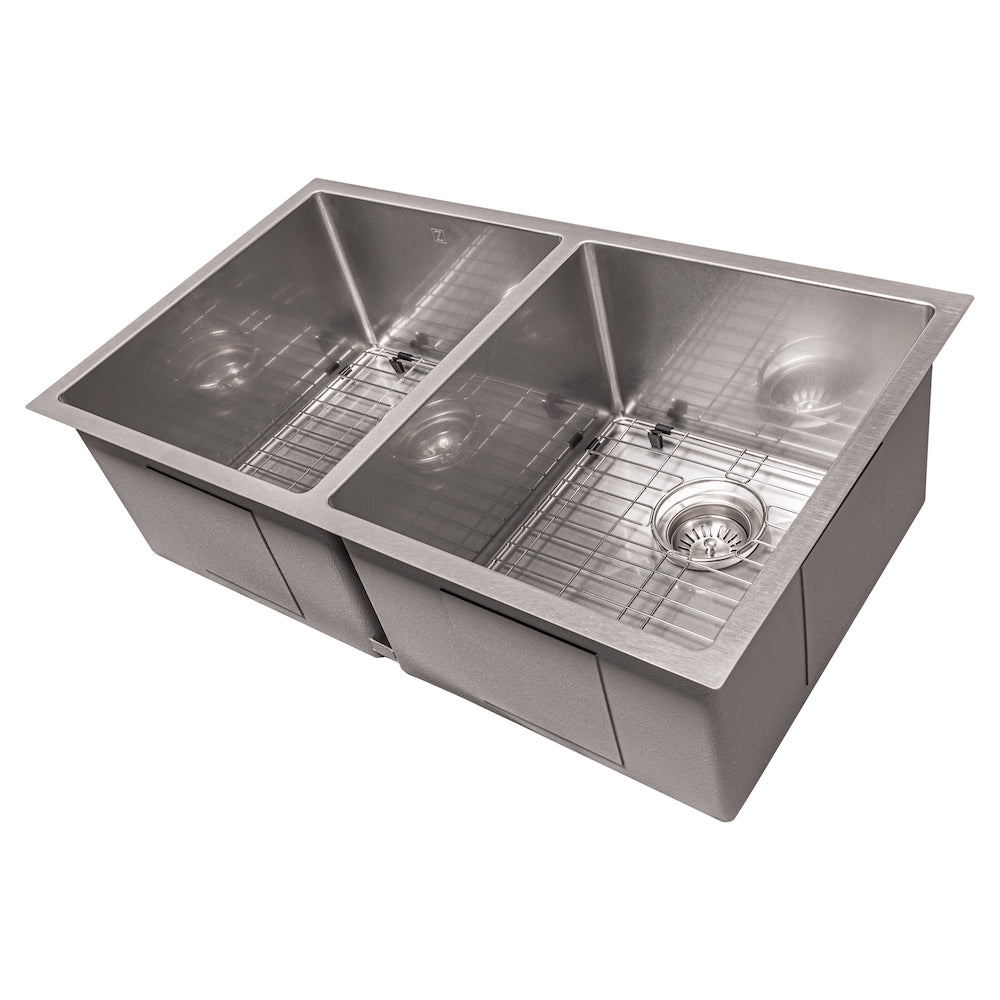 ZLINE 33-Inch Anton Undermount Double Bowl Kitchen Sink - Satin Stainless Steel with Bottom Grid (SR50D 33S) | Perfect for Modern Kitchens, Restaurant Prep & Heavy-Duty Use