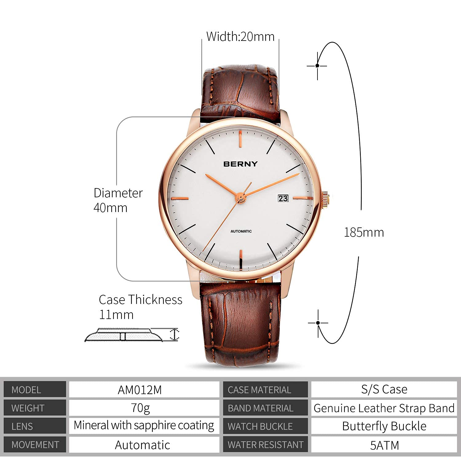 BERNY Ultra Thin Automatic Watch for Men - Minimalist Design with Genuine Leather Strap - Perfect for Business, Casual & Formal Occasions