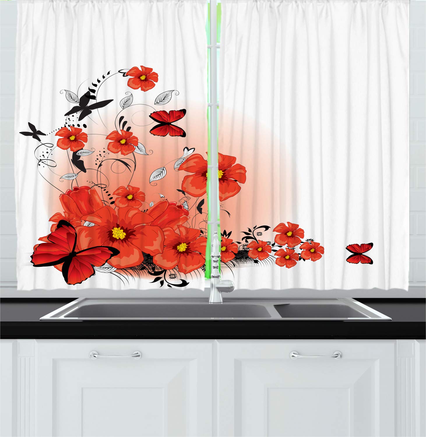 Ambesonne Poppy Flower Long Kitchen Curtains - Floral Butterfly Print Spring Design with Rod Pocket, 55