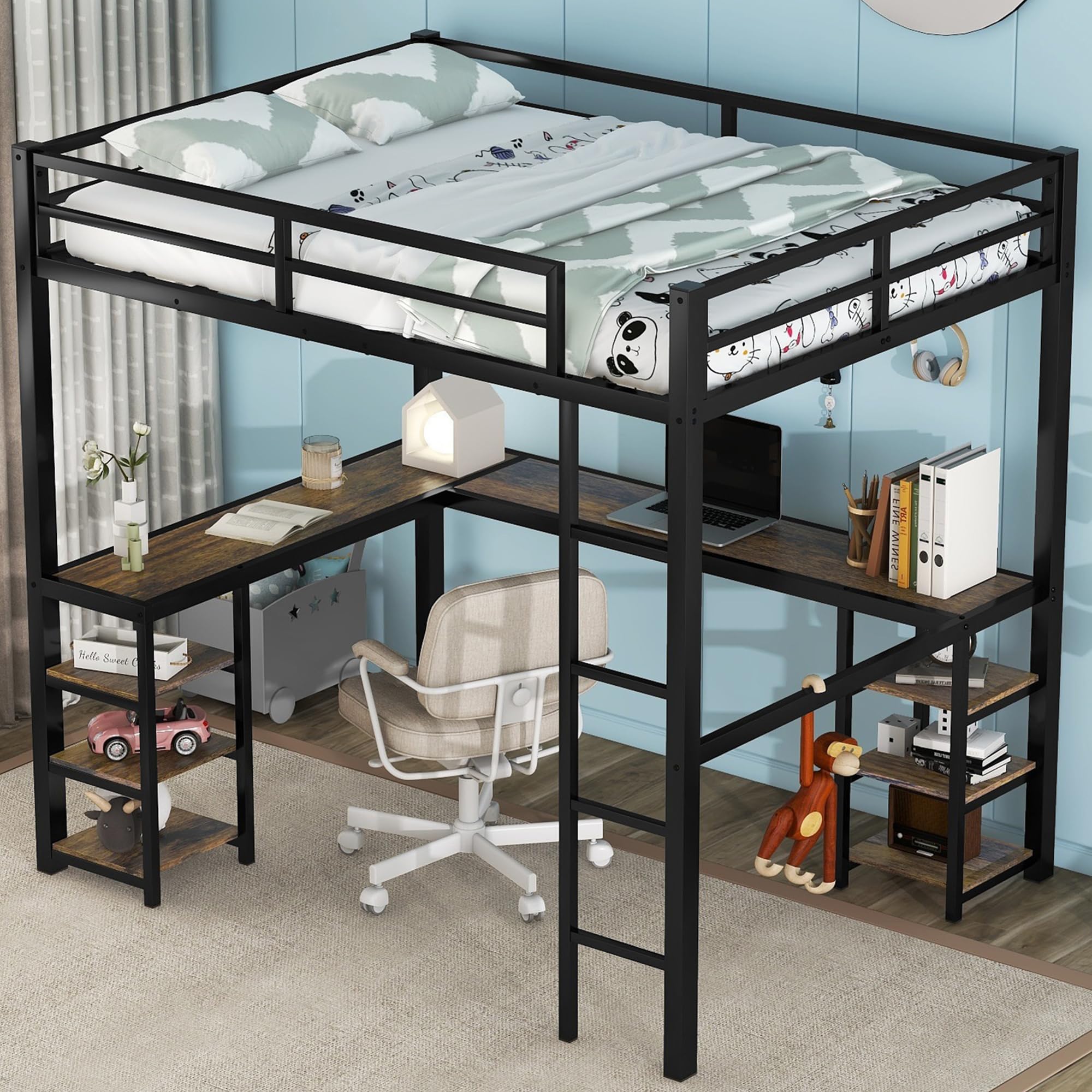 Full Size Loft Bed with L-Shaped Desk & Storage Shelves - Heavy Duty Metal Bunk Bed for Kids & Teens - Space Saving Study & Sleep Solution for Small Bedrooms - Black Full Size Loft Bed with Ladder