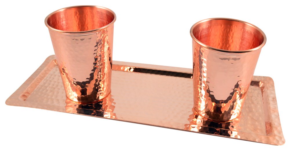 CopperBull 14 Oz Hammered Copper Mug Set with Tray - 1mm Thick Heavy Duty Moscow Mule Cup for Water, Ayurvedic Healing & Cocktails - Perfect for Parties, Home Bar & Gifts