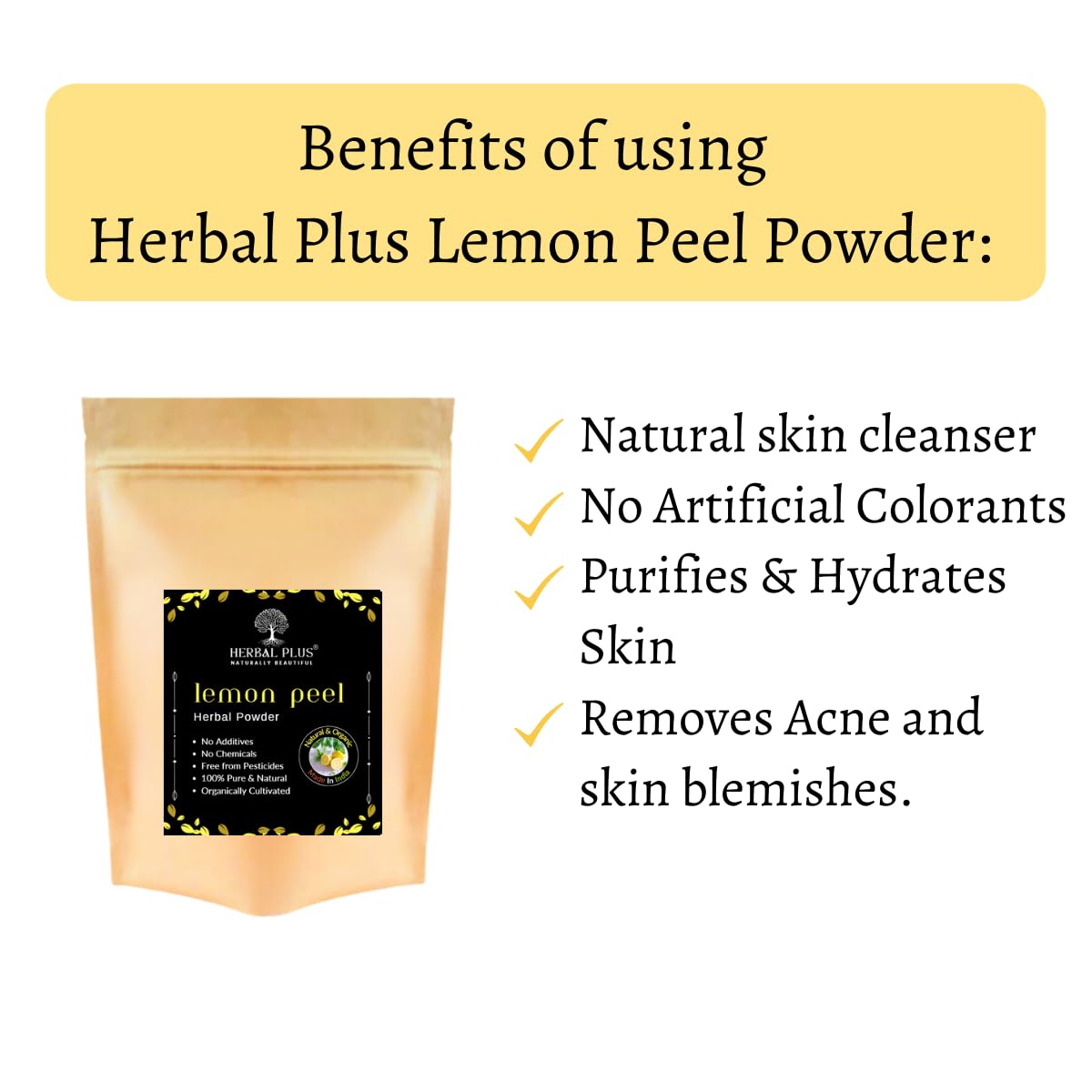 Organic Lemon Peel Powder 100% Natural for Hair & Skin Care - Herbal Plus Pure Lemon Peel Extract for Hair Conditioning, Skin Brightening & Exfoliation (125g) - DIY Beauty, Face Masks, Homemade Scrubs & Natural Remedies