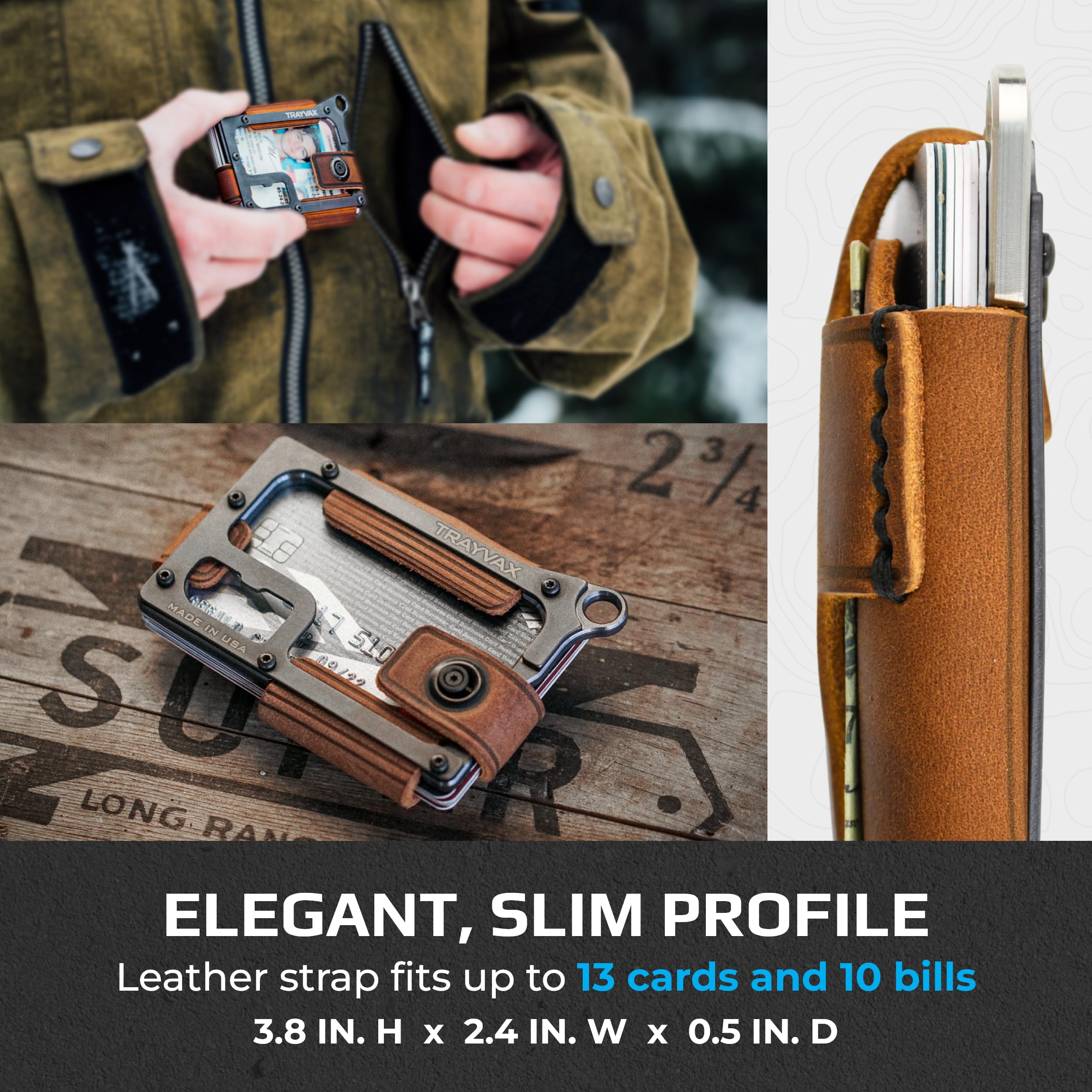 Trayvax Contour RFID Front Pocket Wallet - Slim Leather & Metal Minimalist Wallet for Men & Women - Raw Tobacco Brown - Perfect for Travel, Everyday Carry & Secure Card Storage