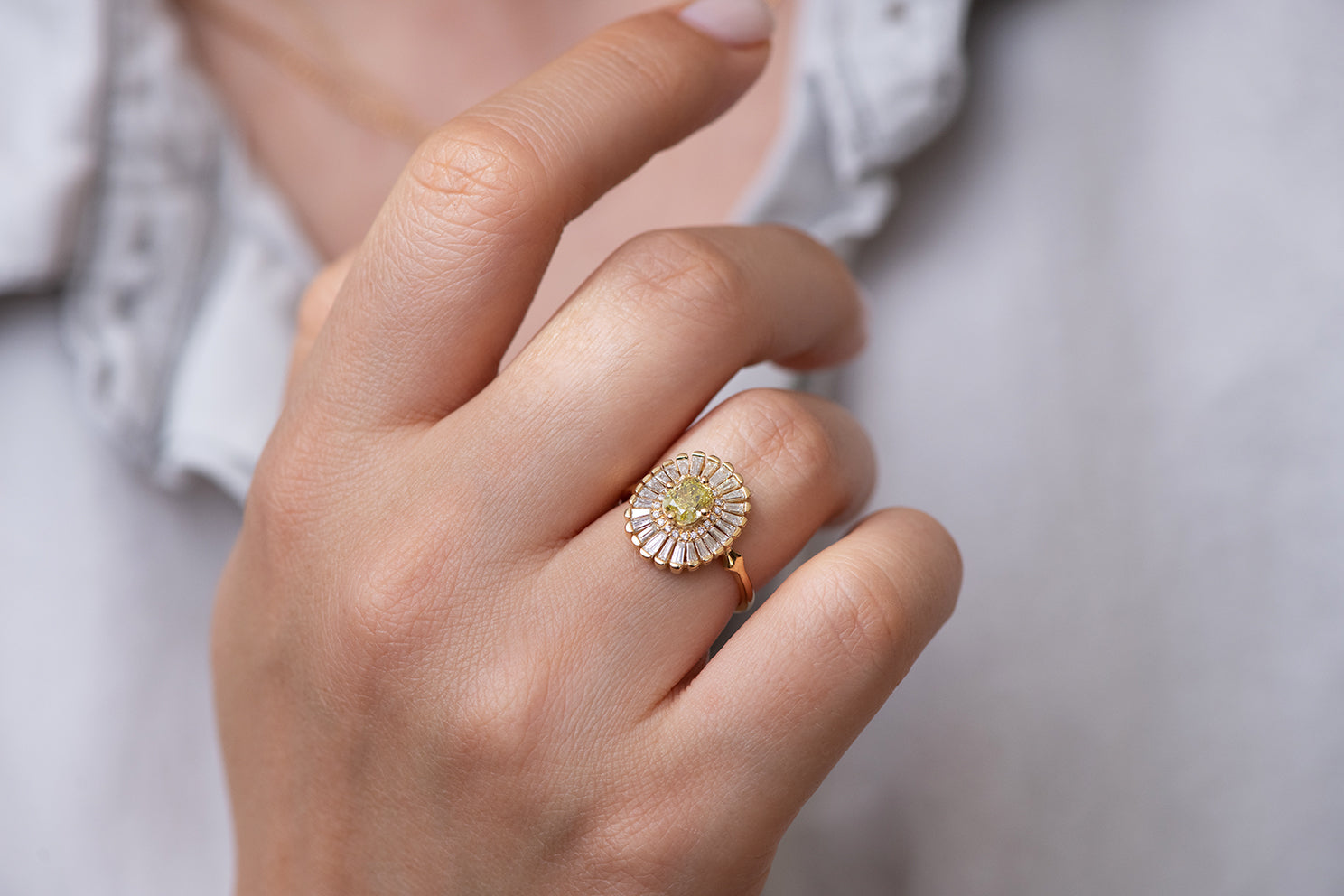 Exquisite Daisy Engagement Ring with Fancy Yellow Diamond & Baguette Accents | Vintage-Inspired Floral Wedding Ring for Proposals, Anniversaries & Romantic Occasions