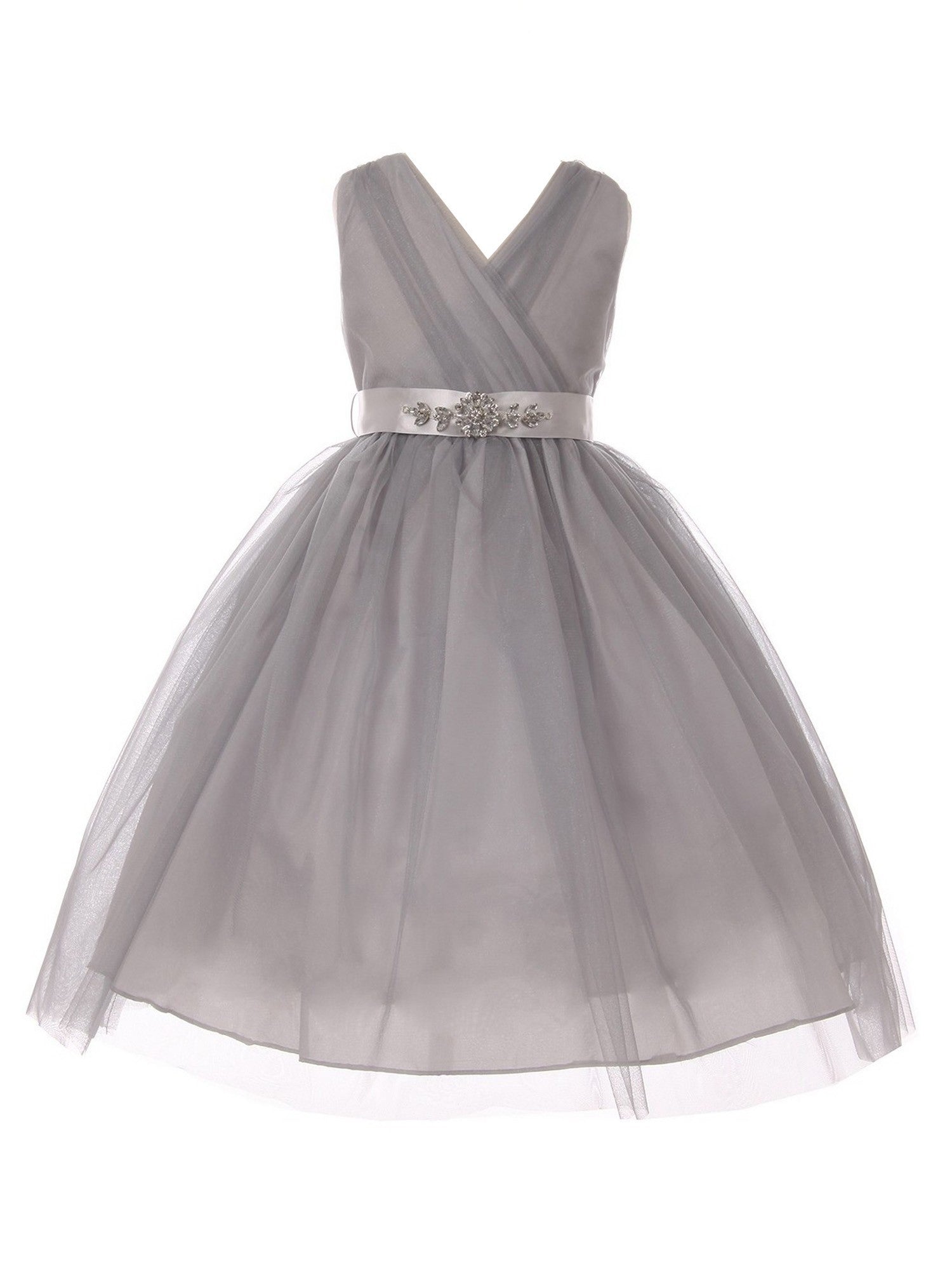 Elegant Silver Rhinestone Satin Sash V-Neck Tulle Junior Bridesmaid Dress for Big Girls Size 8-14 | Perfect for Wedding, Prom, Pageant & Special Occasions