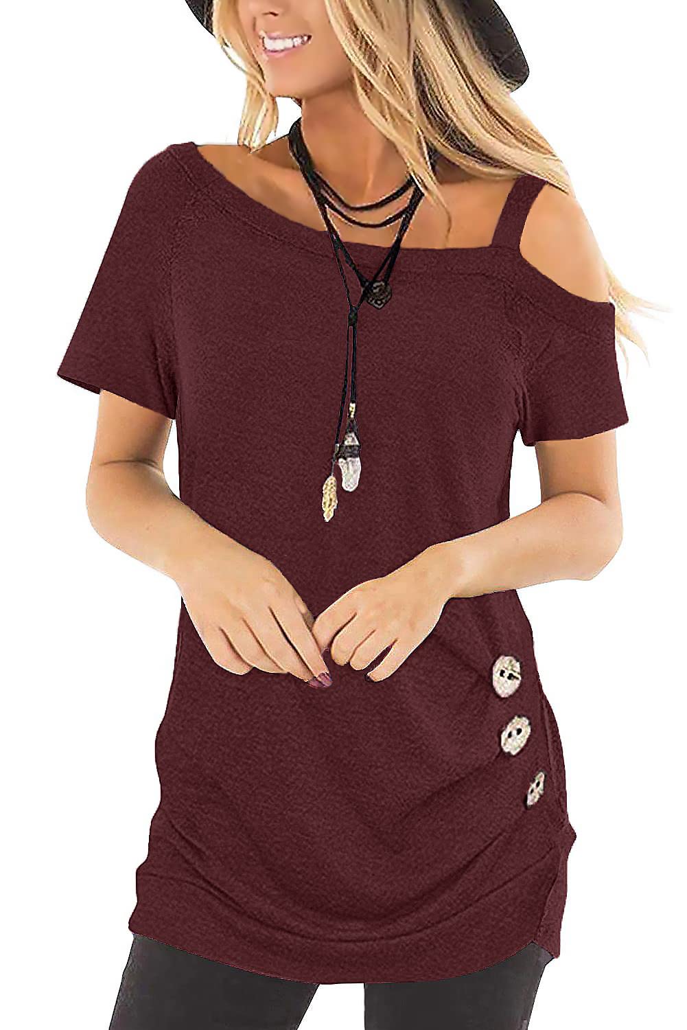 Ladybranch Women's Summer Tops - Casual Stretchy T-Shirt Tunics with Cold Shoulder & Side Button Details | Perfect for Beach Outings, Vacation Wear & Everyday Casual Style
