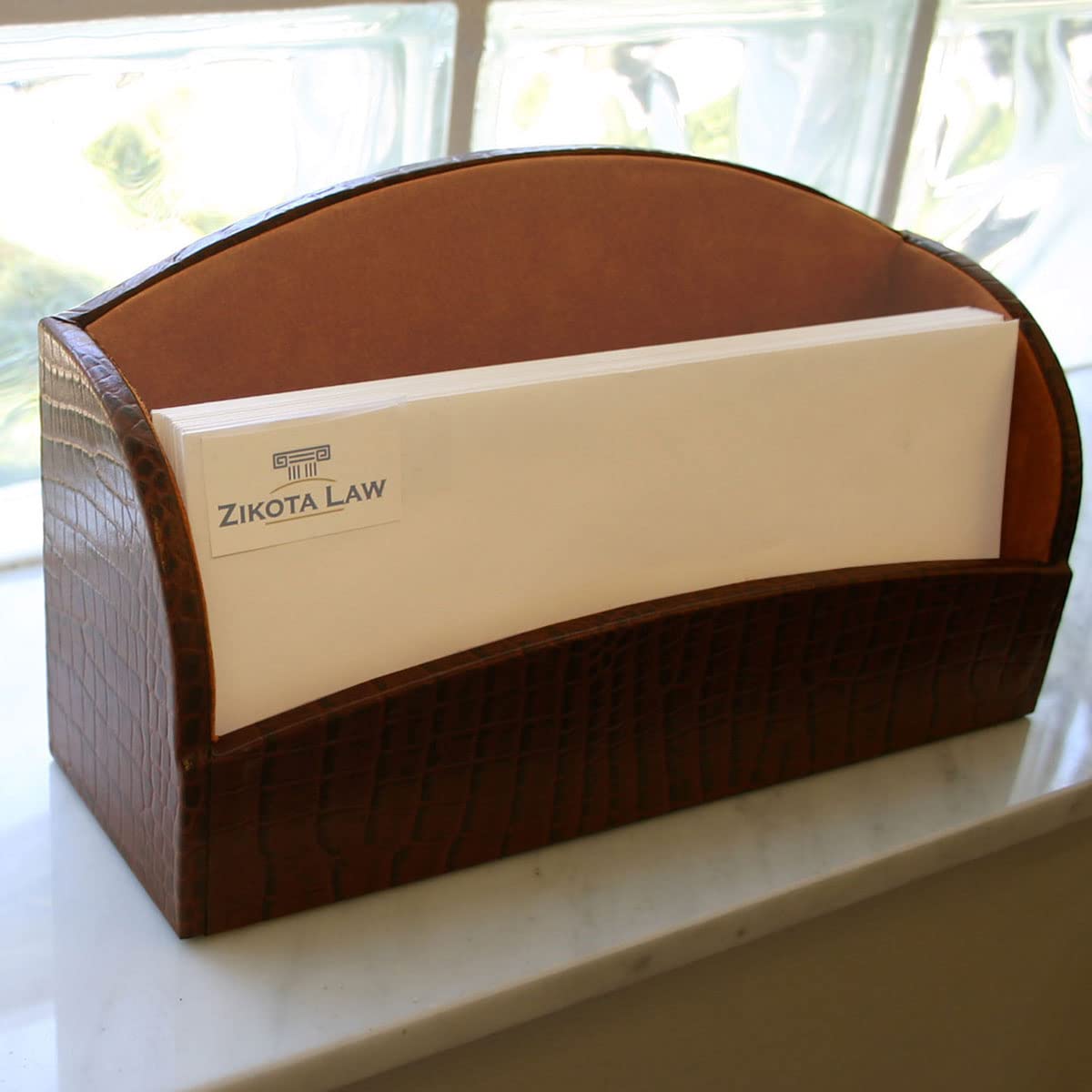 Dacasso Genuine Leather Letter Holder - Brown Crocodile Embossed Design for Office Desk Organizer | Perfect for Mail, Bills, and Documents Storage