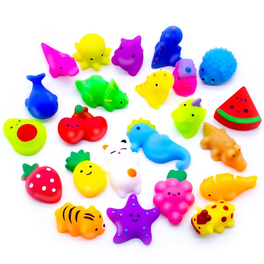 24-Piece Kawaii Squishy Toys Set - Cute Cat, Dinosaur, Fruit & Mochi Stress Relief Toys for Kids | Party Favors, Goodie Bag Fillers, Birthday Gifts | Anxiety Relief, Sensory Play & Classroom Rewards