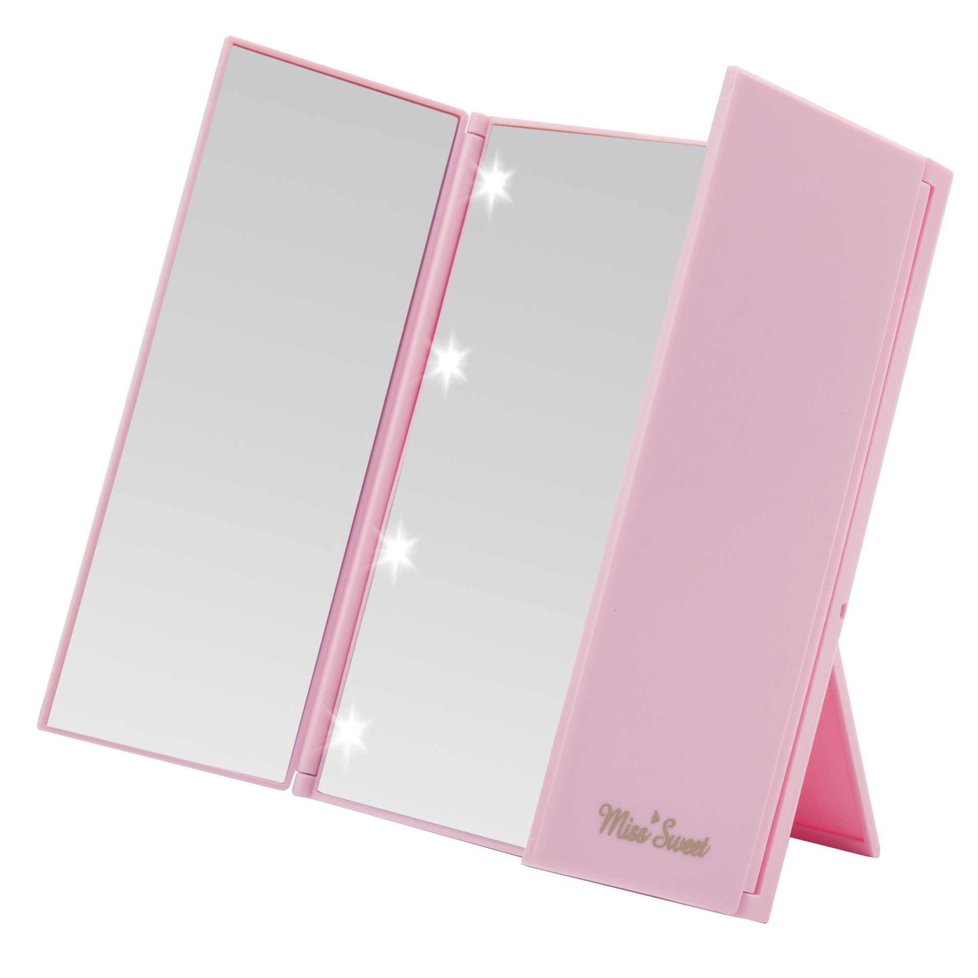 Miss Sweet Lighted Trifold Makeup Mirror with LED Lights - Portable Travel Vanity Mirror for Beauty, Cosmetics & Compact (Pink) - Perfect for Home, Salon & On-the-Go Touch Ups