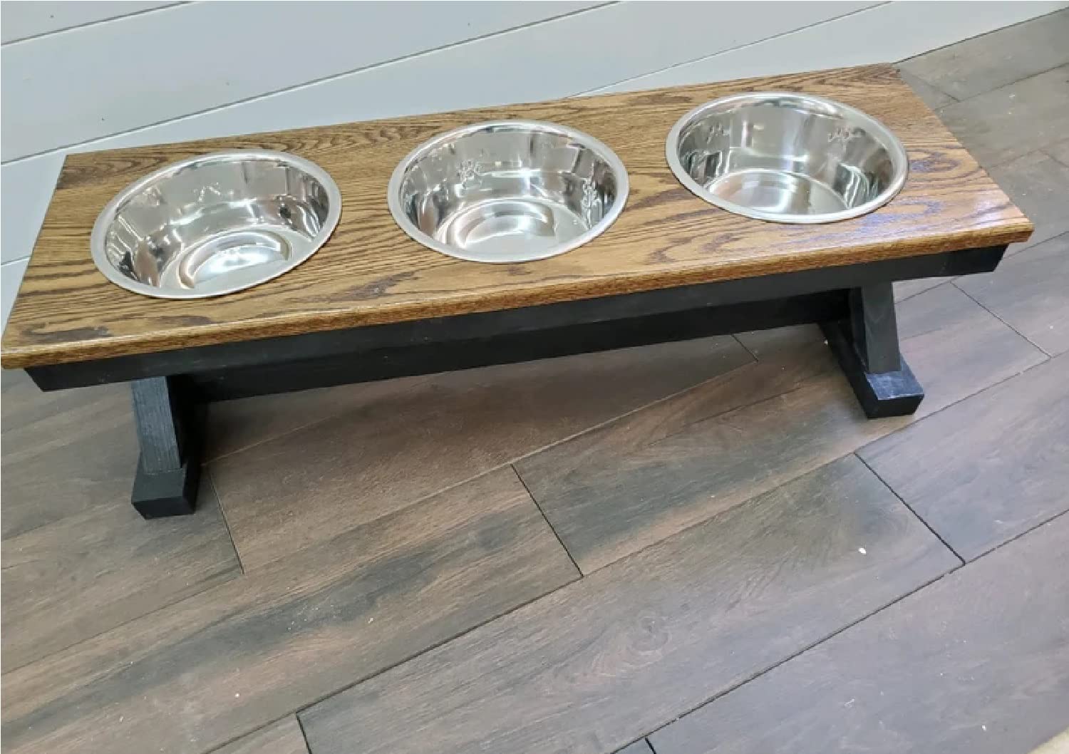 Elevated Dog Bowl Stand with 3 Bowls - Large Oak Raised Feeder for Big Dogs - Perfect for Dining Areas, Kitchens & Outdoor Use