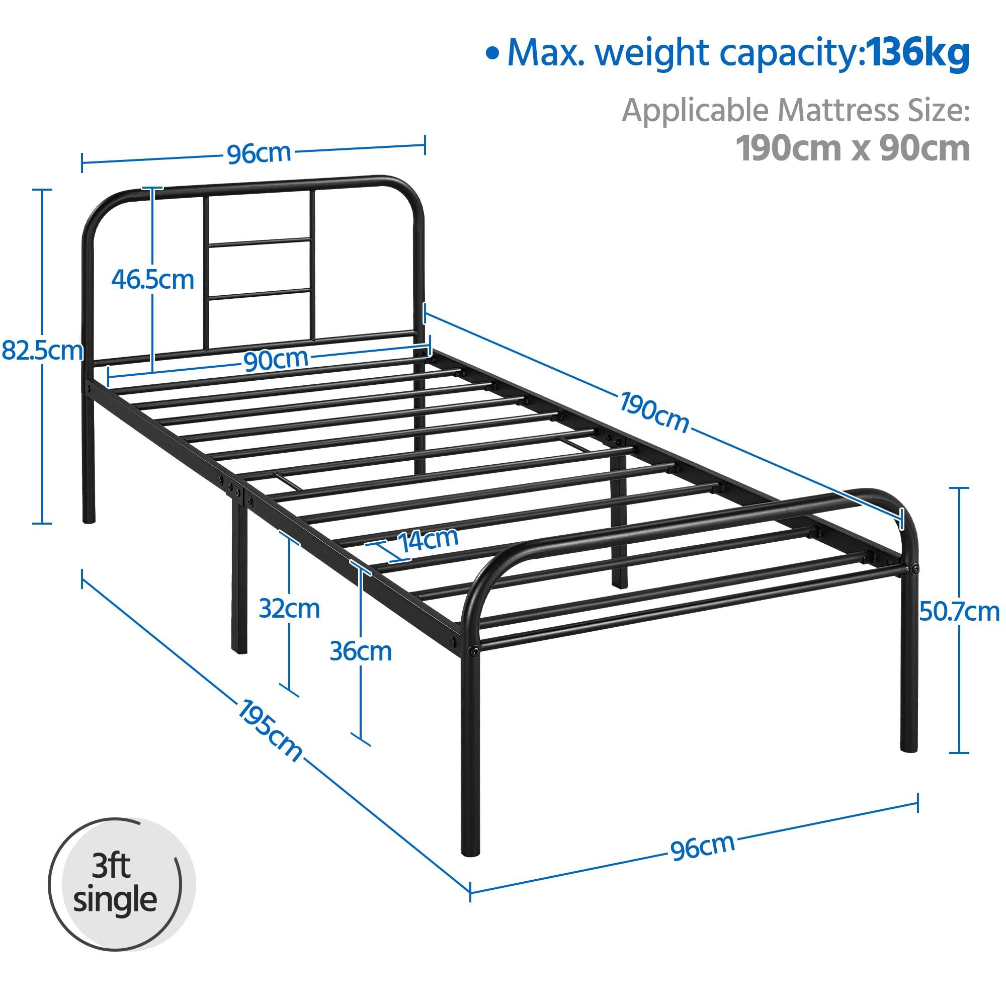 Yaheetech 3ft Single Metal Bed Frame with Headboard - Sturdy Iron Platform Bed for Bedrooms, 32cm Ground Clearance, Black | Perfect for Small Spaces, Guest Rooms & Kids' Bedrooms