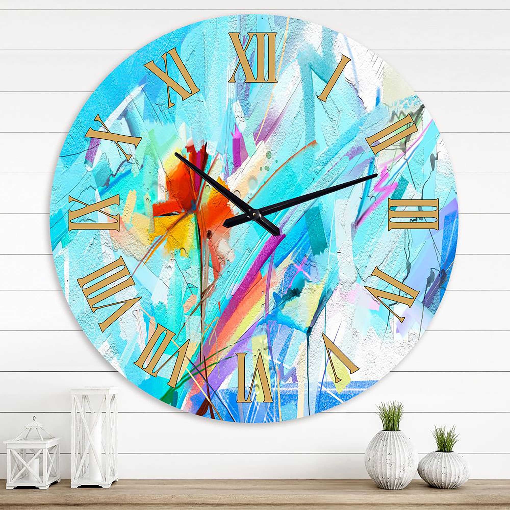 Farmhouse Wall Clock - Hand Painted Blue Flowers on Turquoise Background, Large Rustic Kitchen Wall Clock for Home Decor | Perfect for Farmhouse, Country Style Kitchens, Living Rooms & Office Spaces